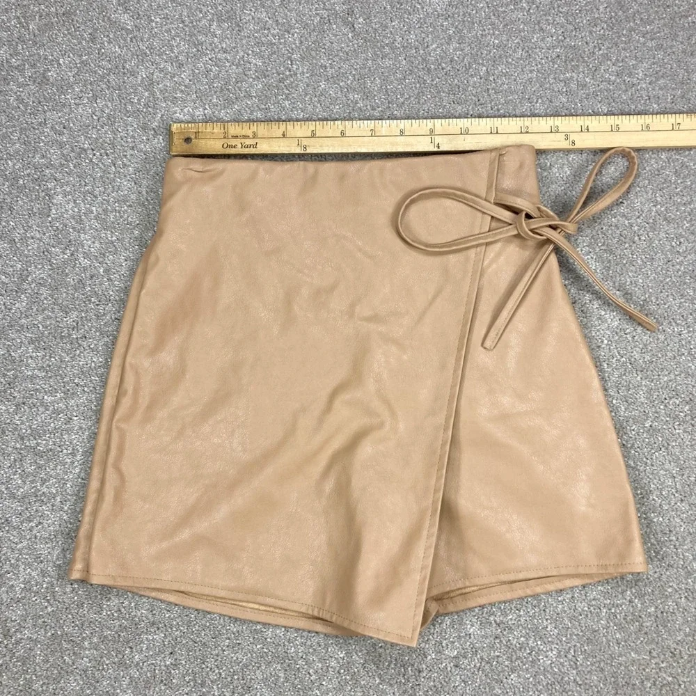 Zara Faux Leather Wrap Skort Womens XS Beige Side Tie Fleece Lined Mini Skirt